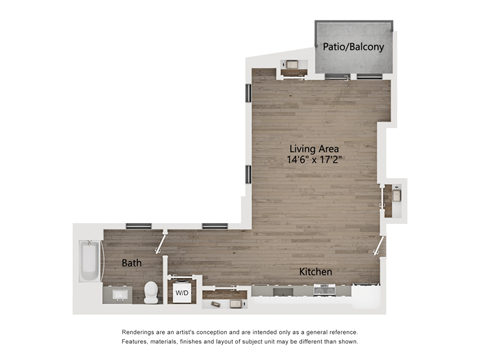Floor plan for studio, 1 bath, 696 sqft